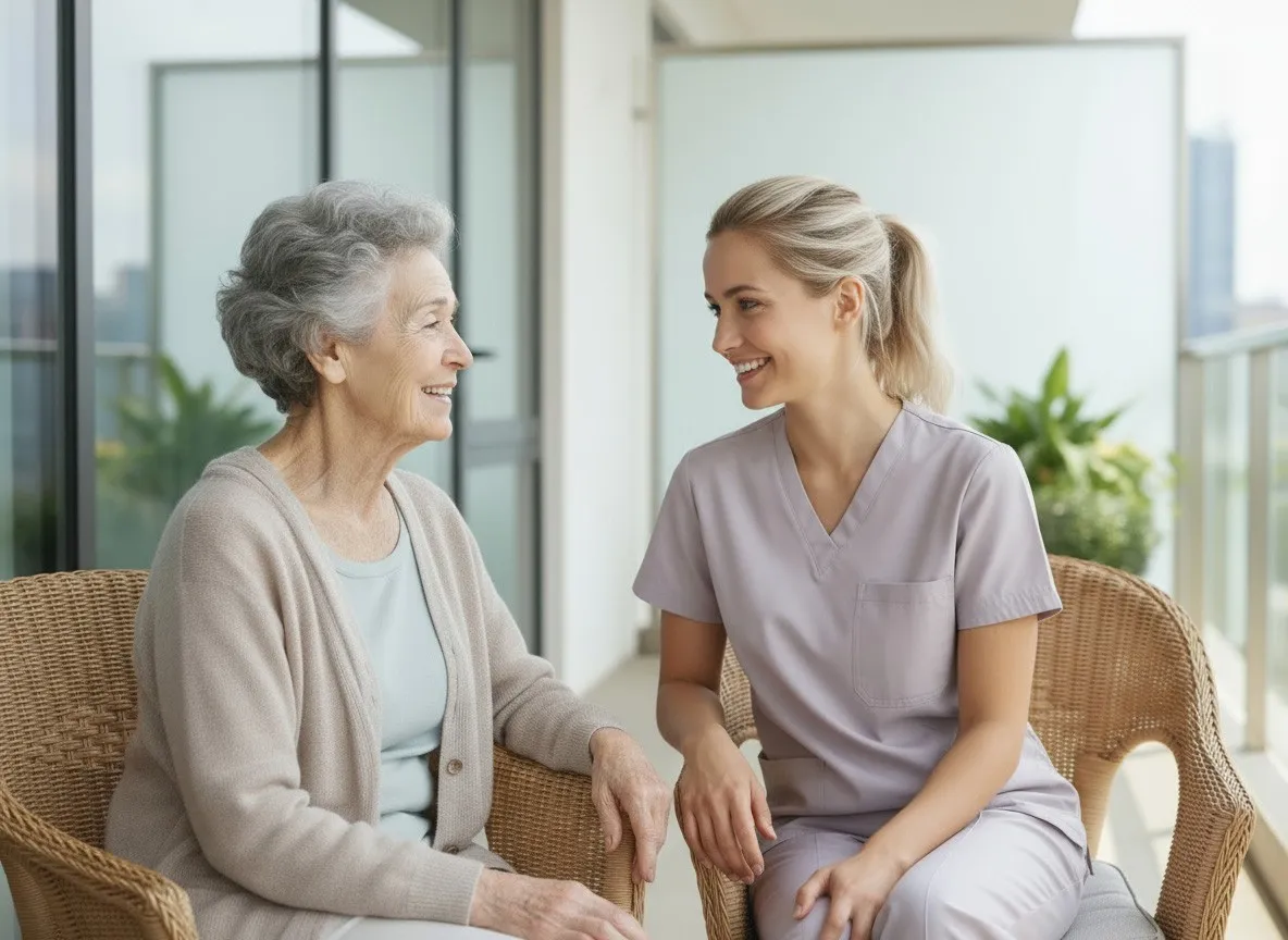 Pflegekraft im Gespräch mit einer Seniorin am Fenster des Aufenthaltsraums