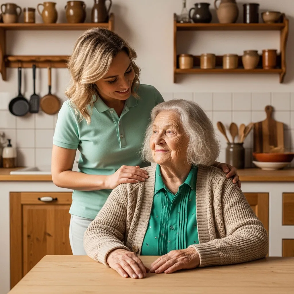Pflegekraft von careplus unterstützt eine Seniorin in ihrer Küche
