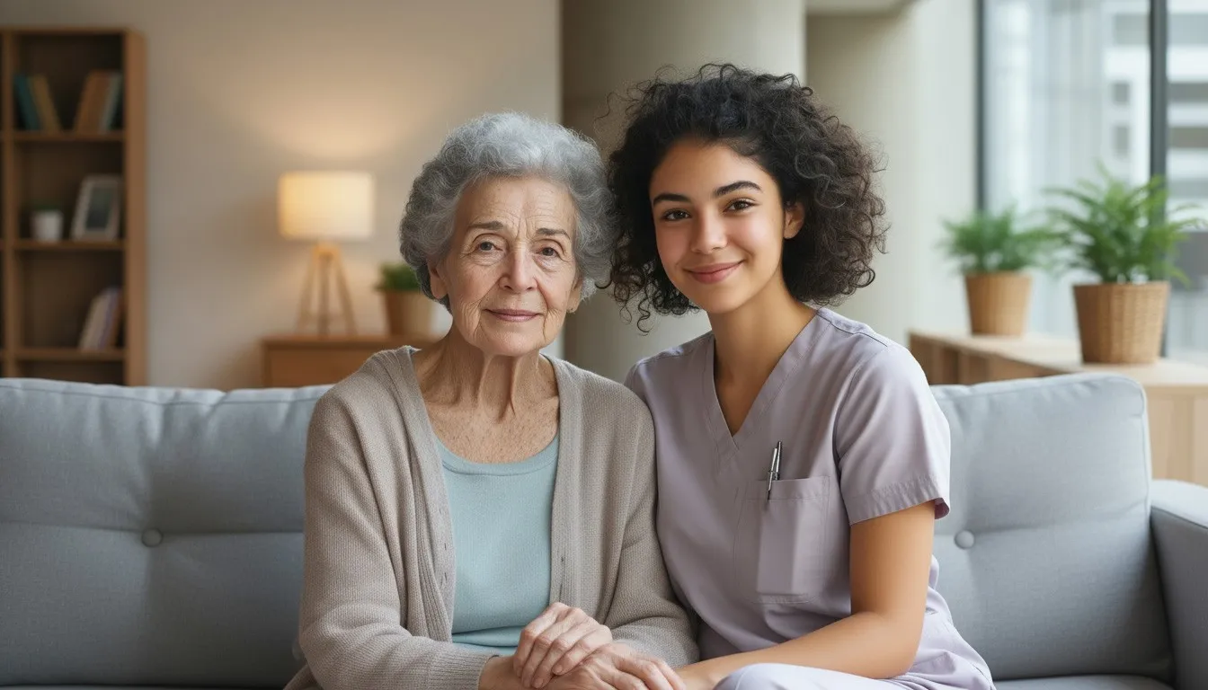 Pflegekraft und Seniorin sitzen lächelnd nebeneinander im Haus Valentina