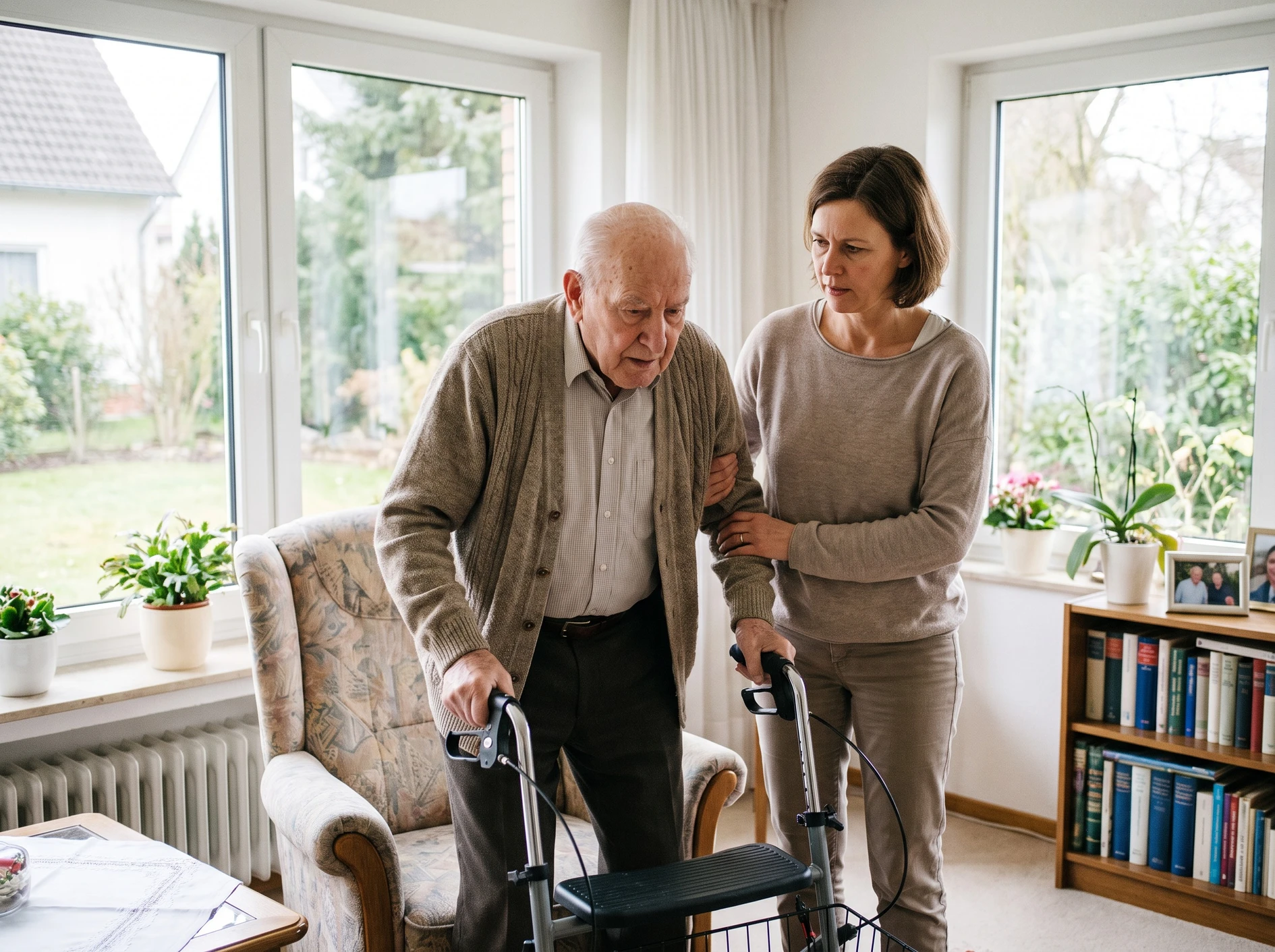 Tochter stützt ihren Vater mit Rollator nach dem Krankenhausaufenthalt im hellen Wohnzimmer