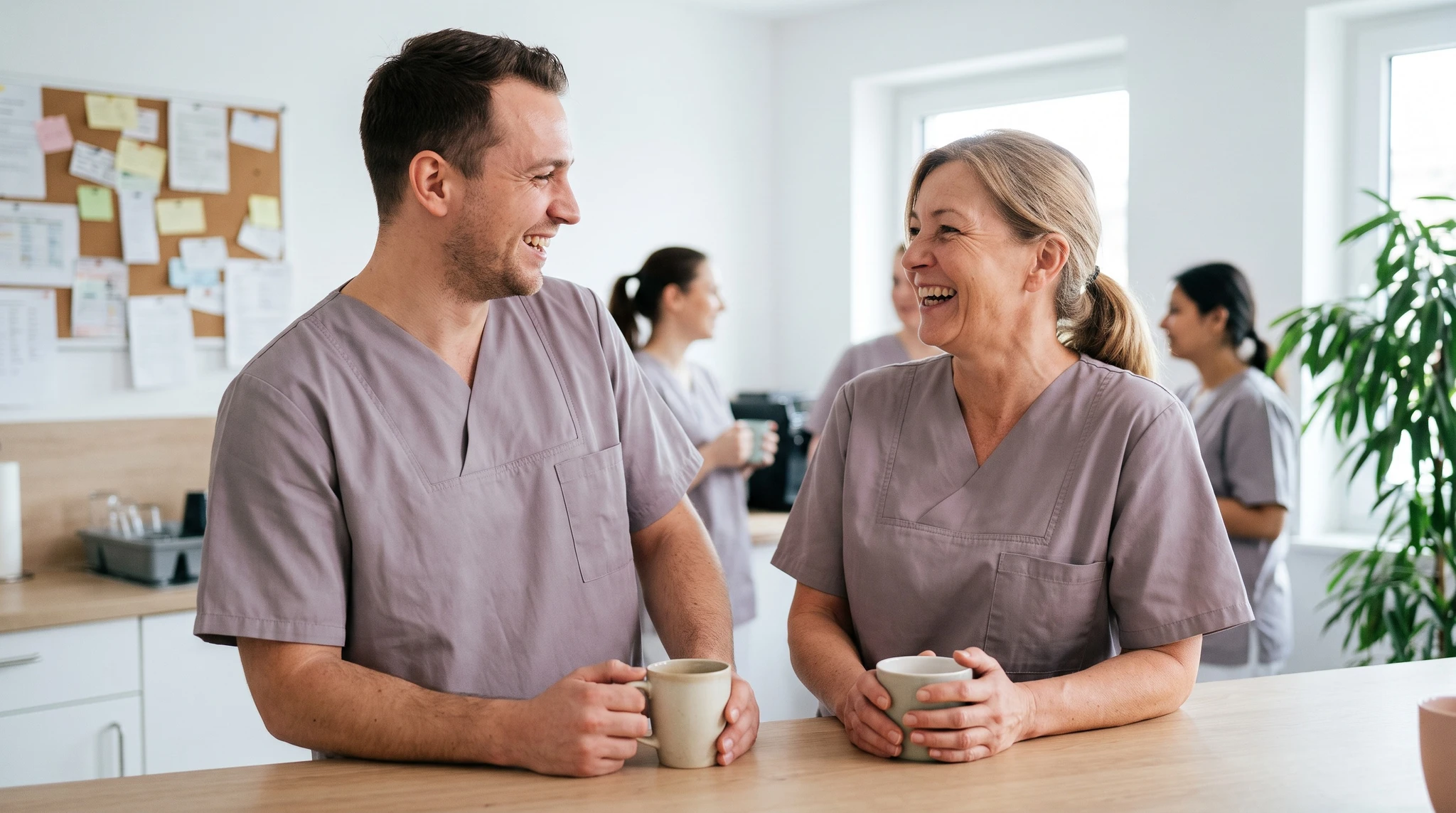 Zwei Pflegekräfte lachen gemeinsam in der Kaffeepause im Personalraum